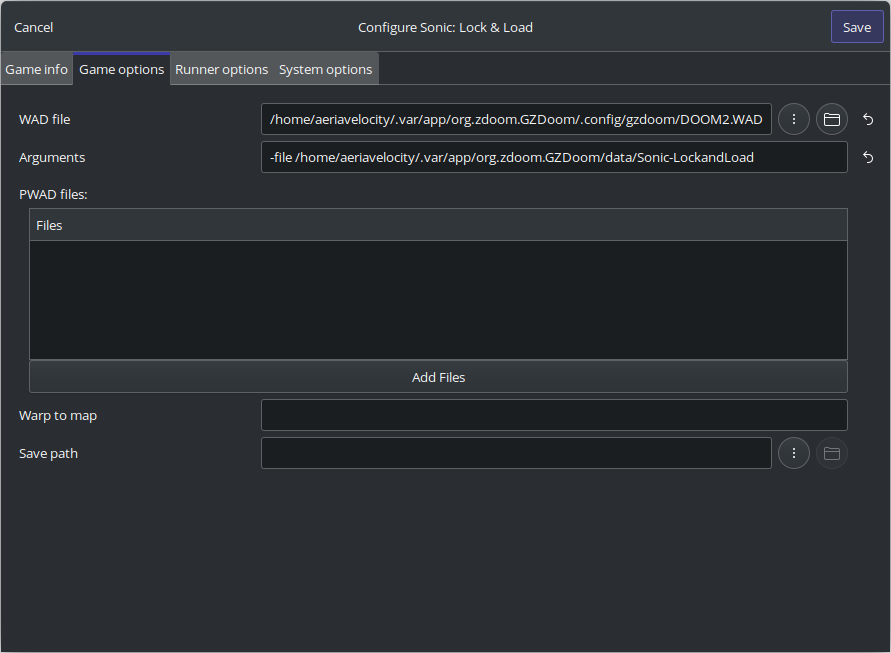 WAD file: /home/aeriavelocity/.var/app/org.zdoom.GZDoom/.config/gzdoom/DOOM2.WAD; Arguments: -file /home/aeriavelocity/.var/app/org.zdoom.GZDoom/data/Sonic-LockandLoad