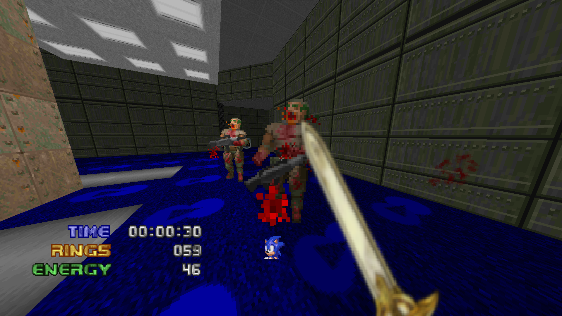 Sonic the Hedgehog in DOOM version v0.5, swinging Caliburn